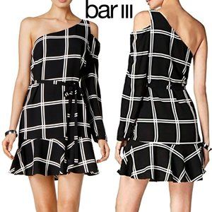 $79 BAR III One Shoulder Black Plaid Dress S ALine Belted Drop Waist Sleeve NWOT